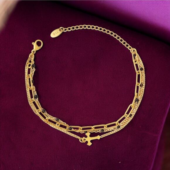 NEW 18K gold pl three layer stacked chain cross Christian bracelet jewelry B27A - Picture 1 of 4